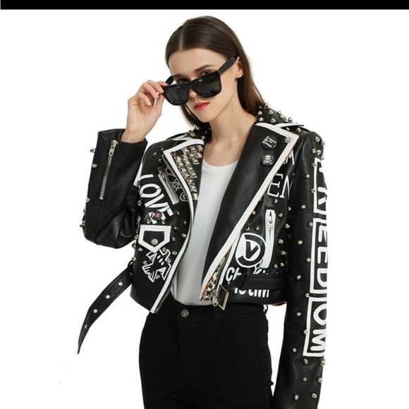 LORDLDS Women Black Leopard Leather Jacket Zip Up Moto Biker Fashion Streetwear - Picture 2 of 11